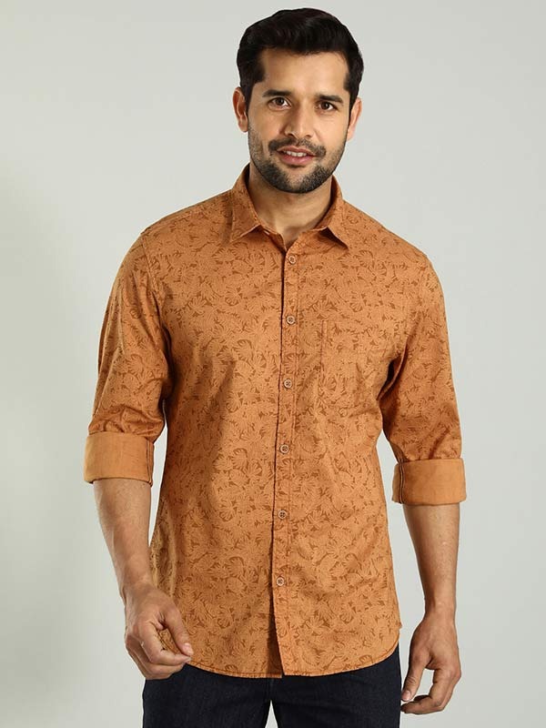 Indian Terrain Men's Slim Fit Full Sleeve Tropical Print Brown Shirt